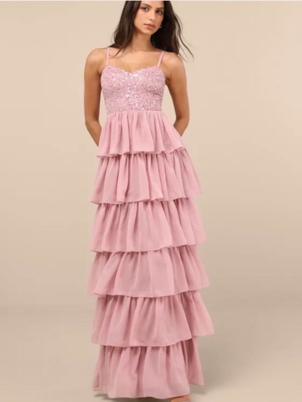 Lulu's Pink Tiered Maxi Dress with Sequin Bodice